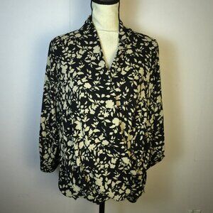 Pleione Wrap Blouse Top Sz L Woman Black Ivory Floral 3/4 Roll Tab Sleeve V-neck